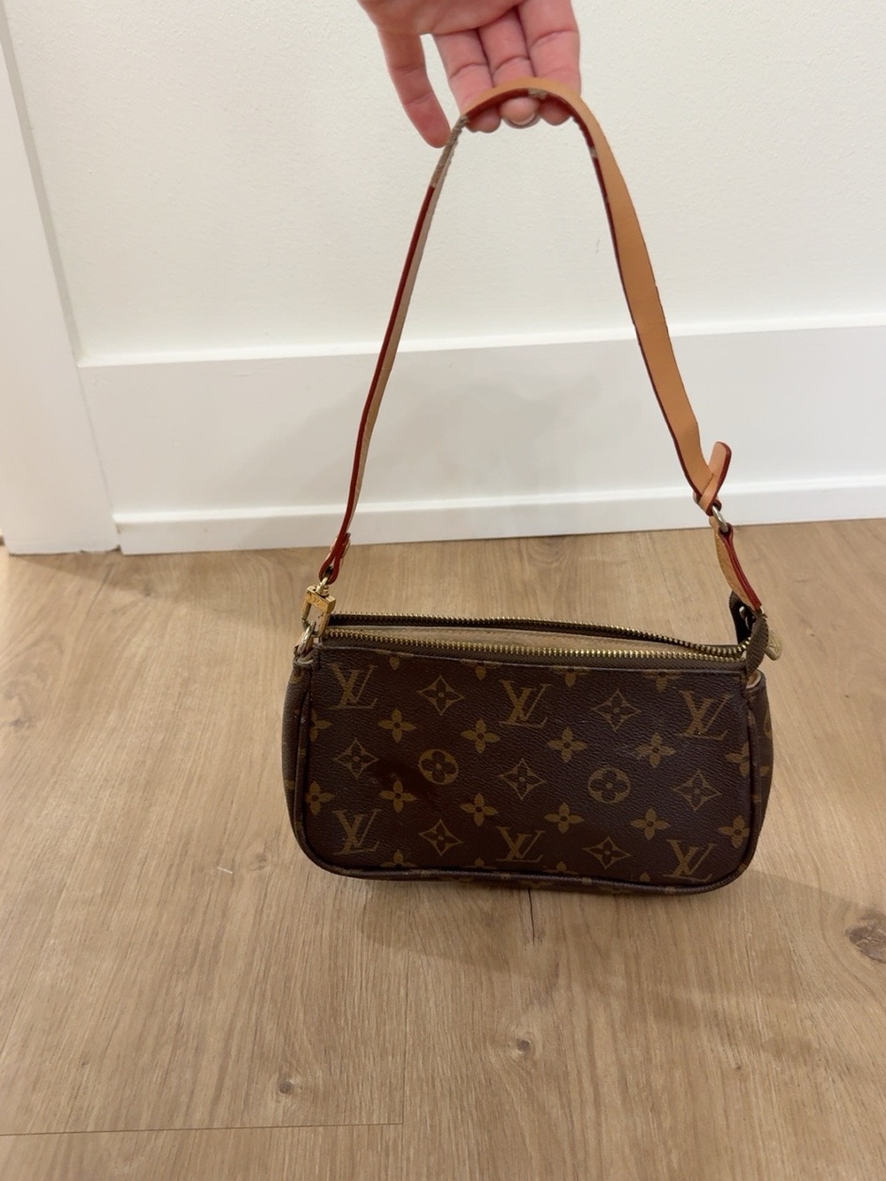 Louis Vuitton Monogram Canvas Shoulder Bag with Tan Strap